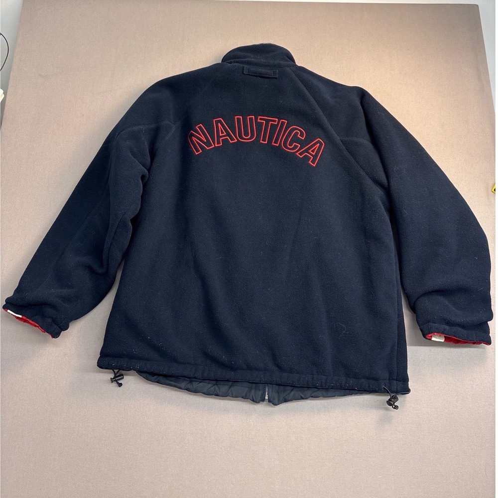 Nautica Mens Fleece Jacket Navy Blue Full Zip Spellout Logo Red Lining XL - Picture 2 of 6